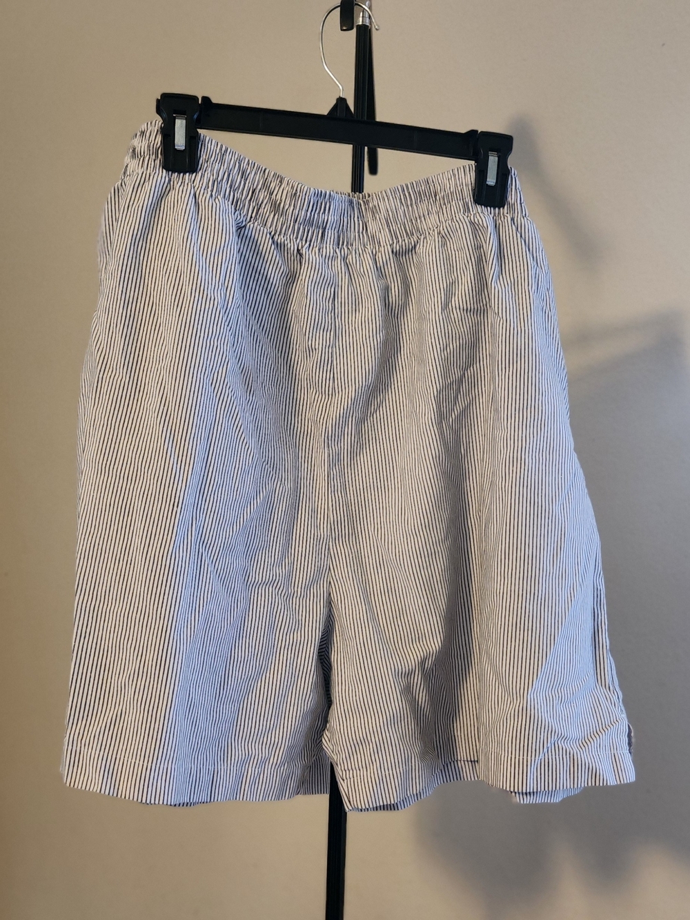 Blue and White Seersucker Flat-Front Casual Shorts